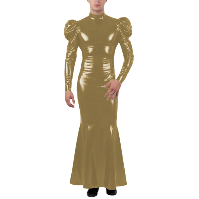 Unisex Wetlook Long Mermaid Dress PVC Patent Leather Turtleneck Slim Ankle-length Dress with Ruffles Coctail Party Gown Vestidos