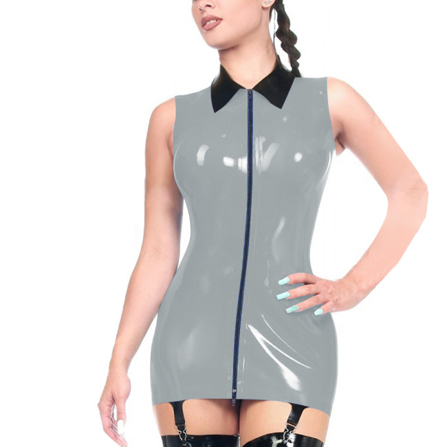 Plus Size Turn-down Collar Slim Fit Club Dress with Garter Clips Glossy PVC Leather Sleeveless Tight Dress Womens Wet Partywear