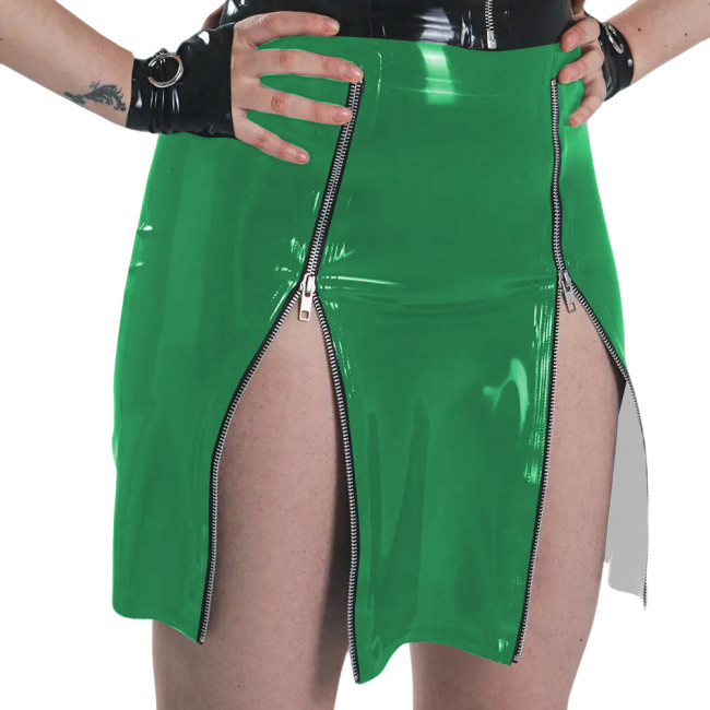 Plus Size Ladies Sexy Mini Skirts for Womens PVC Shiny Tight Short Skirt Fashion Casual Two Front Zippers Bodycon Club Skirts