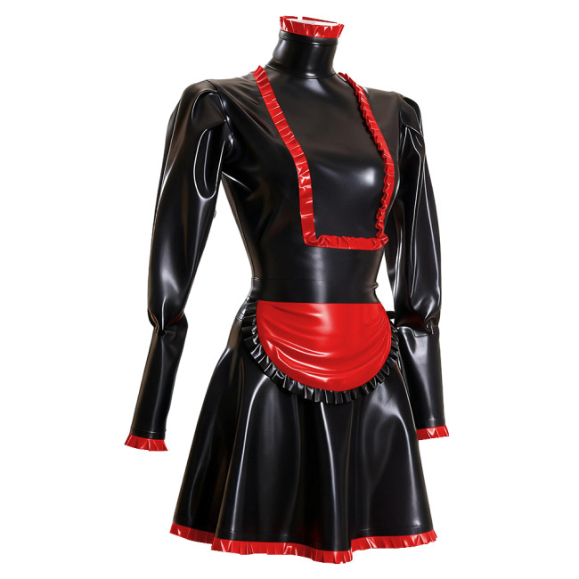 Sissy Maid PVC Long Sleeve Dress Outfits Ruffles High Neck French Maid Cosplay Costumes Cross-dresser Pleated Maid Uniforms 7XL