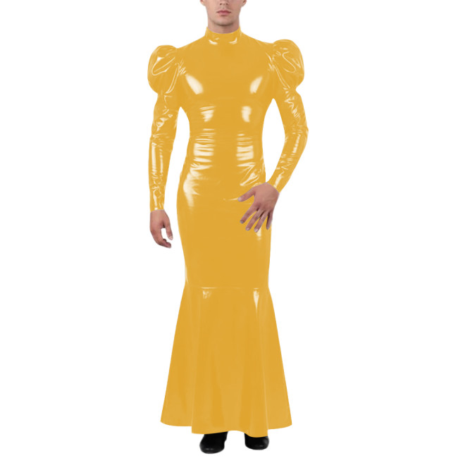 Unisex Wetlook Long Mermaid Dress PVC Patent Leather Turtleneck Slim Ankle-length Dress with Ruffles Coctail Party Gown Vestidos