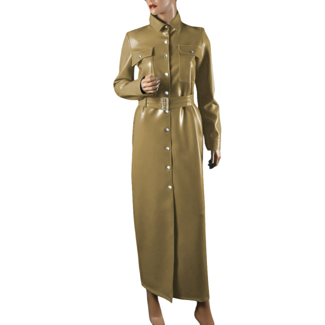 Elegant Shiny PVC Leather Long Pencil Dress Evening Gown Retro Style Pocket Button-Up Dress with Belt Plus Size Trench Dresses