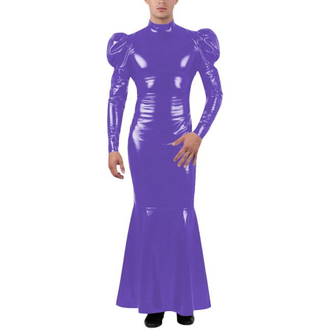 Unisex Wetlook Long Mermaid Dress PVC Patent Leather Turtleneck Slim Ankle-length Dress with Ruffles Coctail Party Gown Vestidos