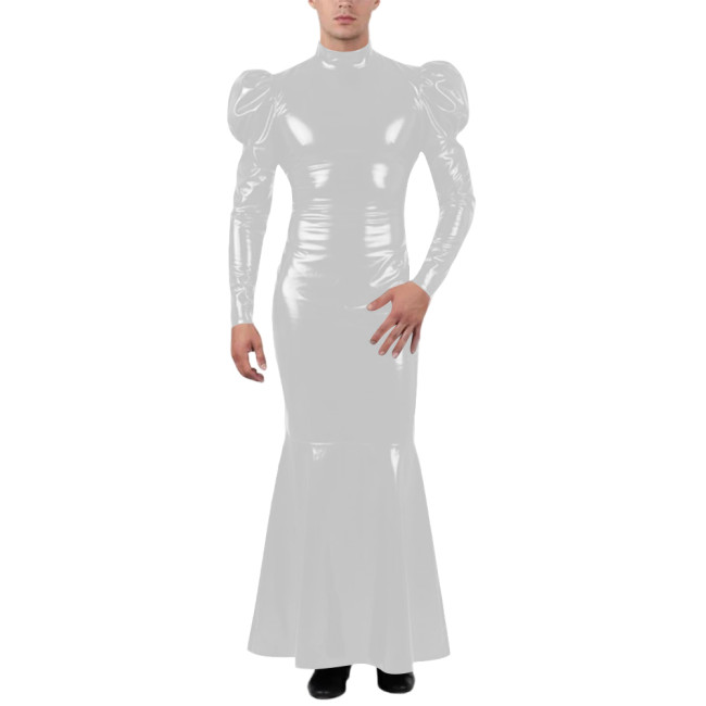 Unisex Wetlook Long Mermaid Dress PVC Patent Leather Turtleneck Slim Ankle-length Dress with Ruffles Coctail Party Gown Vestidos