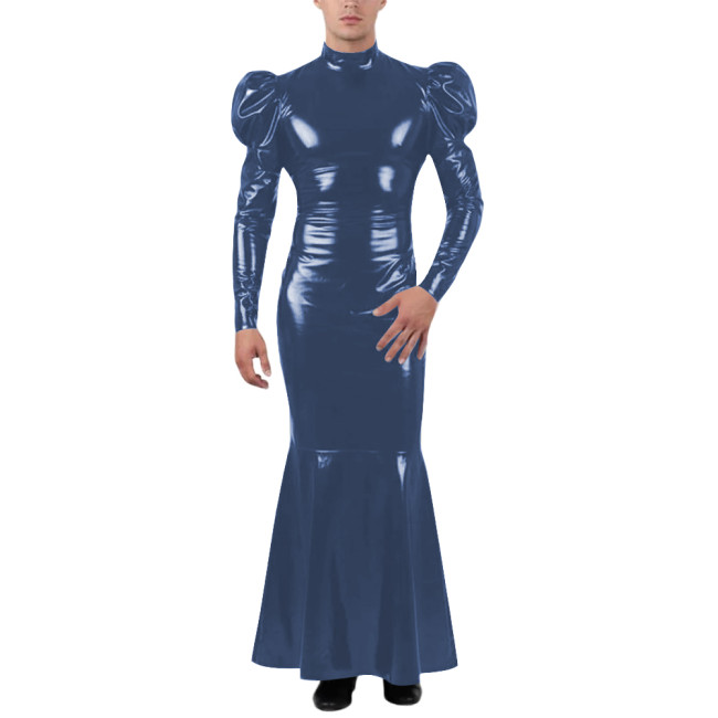 Unisex Wetlook Long Mermaid Dress PVC Patent Leather Turtleneck Slim Ankle-length Dress with Ruffles Coctail Party Gown Vestidos