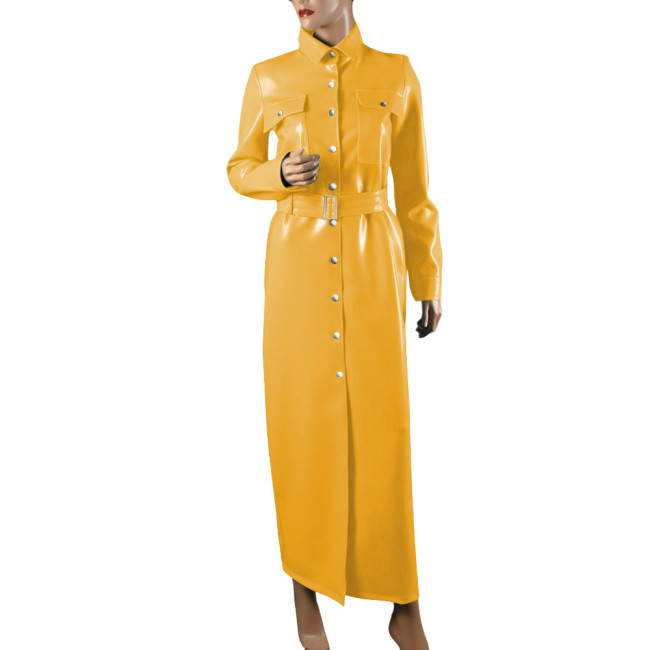 Elegant Shiny PVC Leather Long Pencil Dress Evening Gown Retro Style Pocket Button-Up Dress with Belt Plus Size Trench Dresses