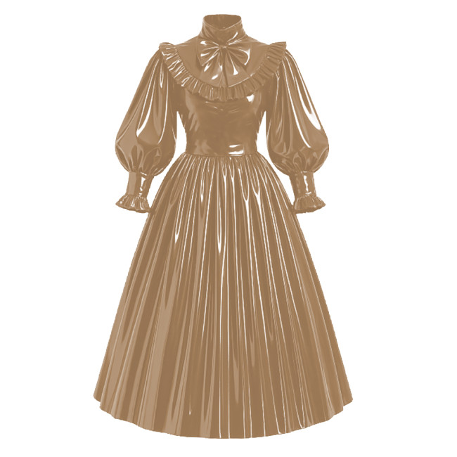 Lockable French Style Maxi Dress PVC Glossy Leather Puff Sleeve Bow Lolita Long Pleated Dress Robe Elegant Party Formal Wear 7XL