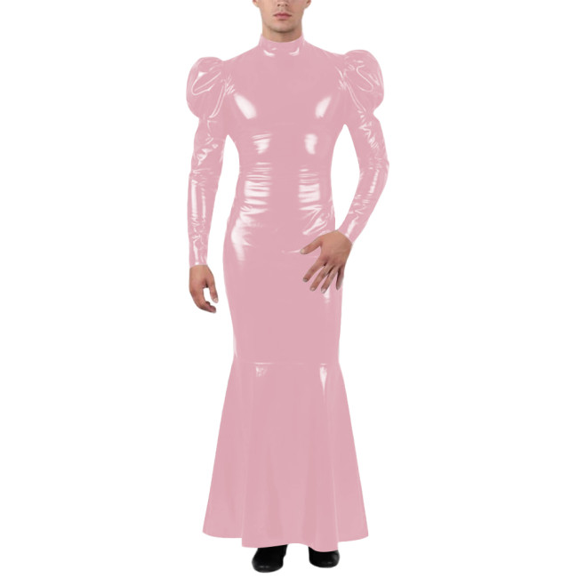 Unisex Wetlook Long Mermaid Dress PVC Patent Leather Turtleneck Slim Ankle-length Dress with Ruffles Coctail Party Gown Vestidos