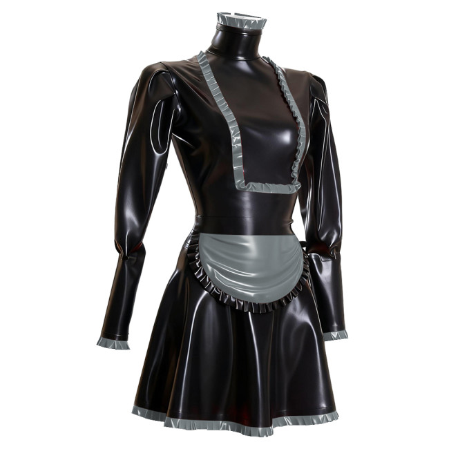 Sissy Maid PVC Long Sleeve Dress Outfits Ruffles High Neck French Maid Cosplay Costumes Cross-dresser Pleated Maid Uniforms 7XL