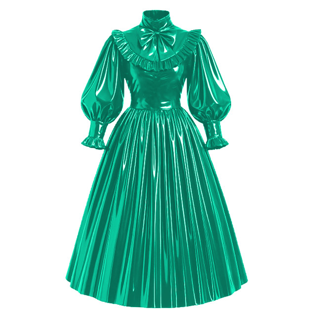 Lockable French Style Maxi Dress PVC Glossy Leather Puff Sleeve Bow Lolita Long Pleated Dress Robe Elegant Party Formal Wear 7XL