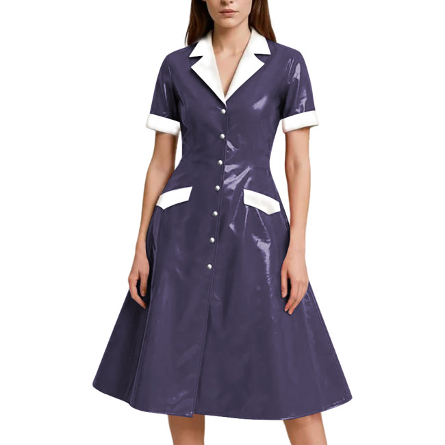 Shiny Vinyl PVC Leather A-line Long Dress for Womens Rave Party Maid Nurse Cosplay Outfit Elegant Lady Button-up Dress Plus Size
