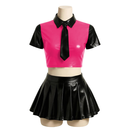 Halloween Party Japanese JK Uniform Sets Matte PU Leather Sexy School Uniform Short Sleeve Crop Top with High Waist Mini Skirts