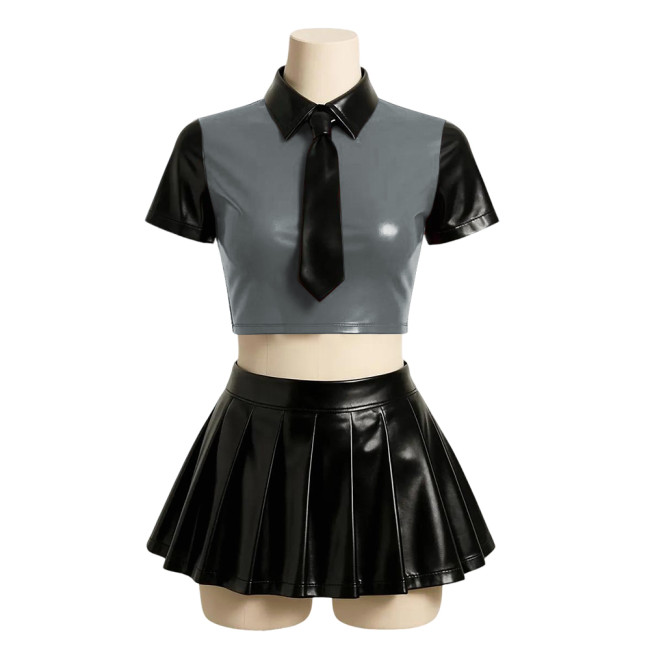 Halloween Party Japanese JK Uniform Sets Matte PU Leather Sexy School Uniform Short Sleeve Crop Top with High Waist Mini Skirts