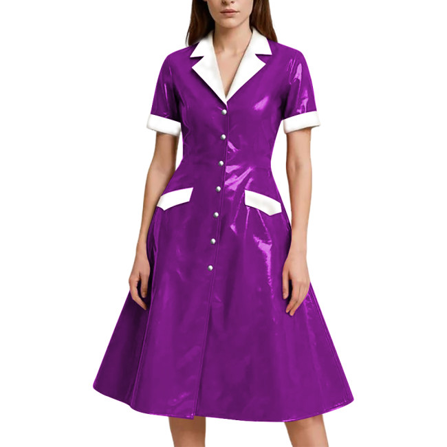 Shiny Vinyl PVC Leather A-line Long Dress for Womens Rave Party Maid Nurse Cosplay Outfit Elegant Lady Button-up Dress Plus Size