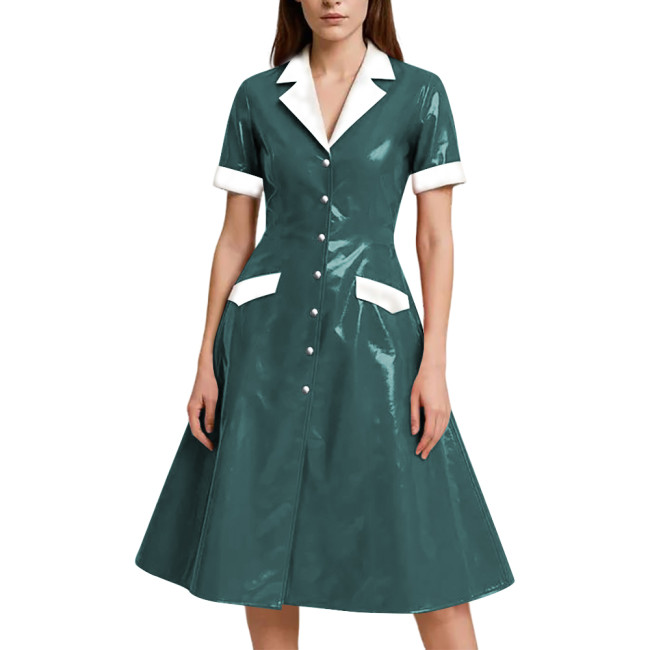 Shiny Vinyl PVC Leather A-line Long Dress for Womens Rave Party Maid Nurse Cosplay Outfit Elegant Lady Button-up Dress Plus Size
