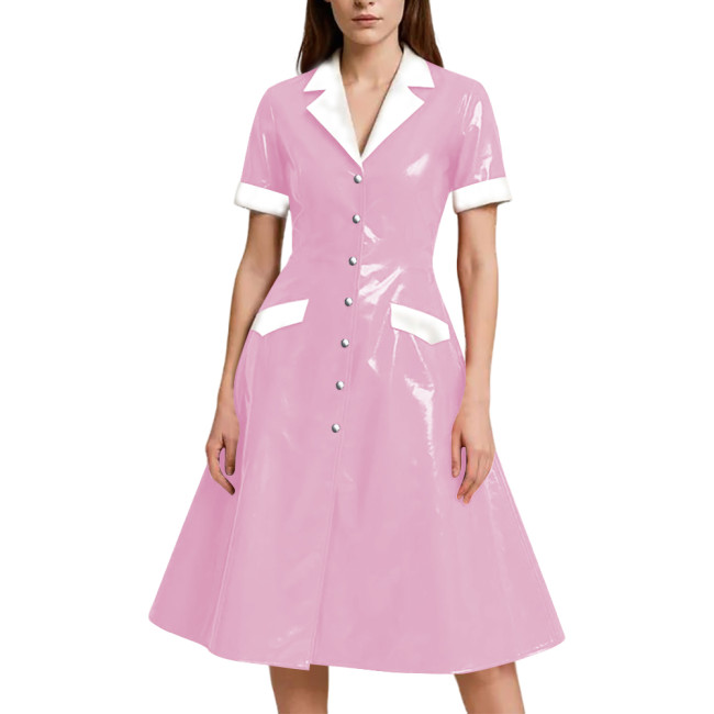 Shiny Vinyl PVC Leather A-line Long Dress for Womens Rave Party Maid Nurse Cosplay Outfit Elegant Lady Button-up Dress Plus Size