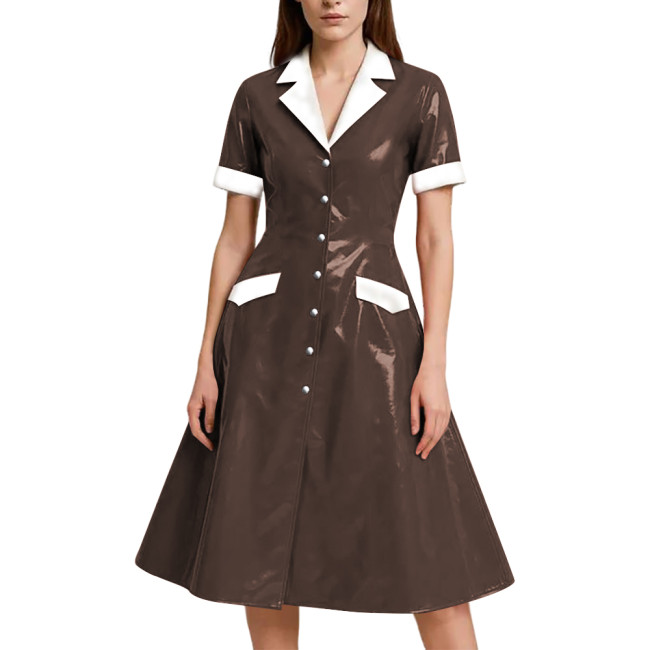 Shiny Vinyl PVC Leather A-line Long Dress for Womens Rave Party Maid Nurse Cosplay Outfit Elegant Lady Button-up Dress Plus Size