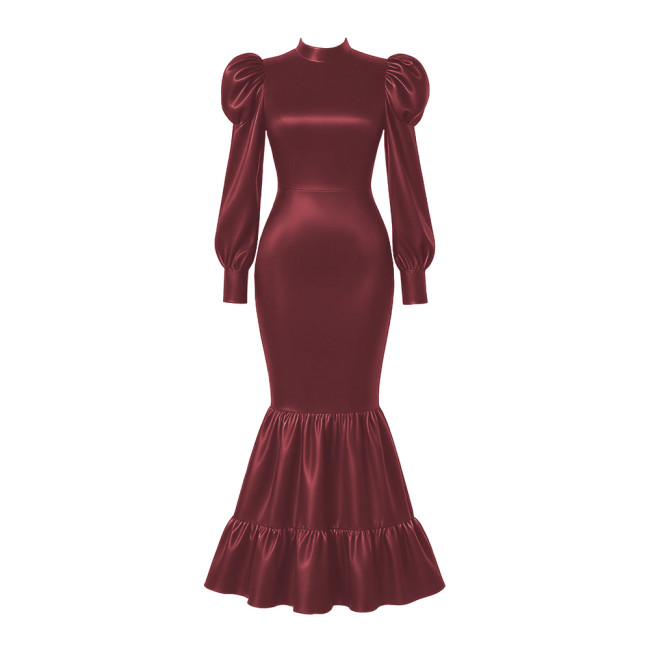 Elegant Satin Long Party Dresses Sissy Lockable Maxi Mermaid Dress Plus Size Long Sleeve Bodycon Evening Event Gowns for Women