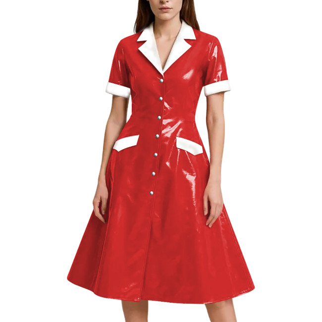 Shiny Vinyl PVC Leather A-line Long Dress for Womens Rave Party Maid Nurse Cosplay Outfit Elegant Lady Button-up Dress Plus Size