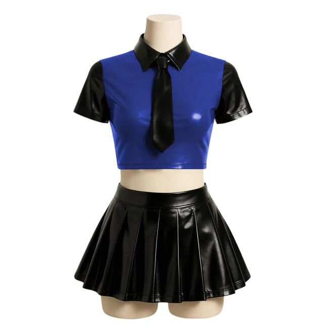 Halloween Party Japanese JK Uniform Sets Matte PU Leather Sexy School Uniform Short Sleeve Crop Top with High Waist Mini Skirts