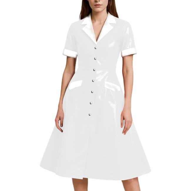 Shiny Vinyl PVC Leather A-line Long Dress for Womens Rave Party Maid Nurse Cosplay Outfit Elegant Lady Button-up Dress Plus Size