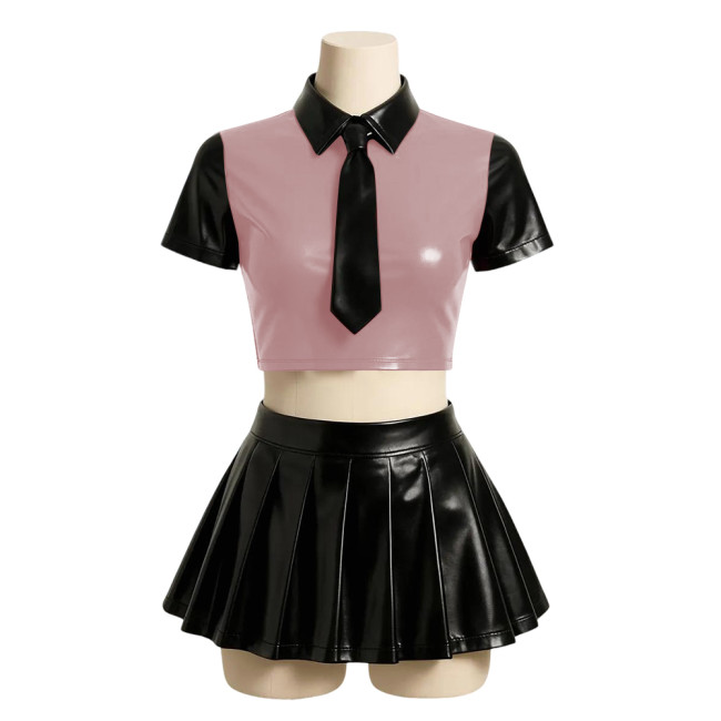 Halloween Party Japanese JK Uniform Sets Matte PU Leather Sexy School Uniform Short Sleeve Crop Top with High Waist Mini Skirts