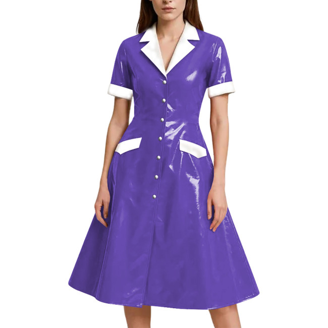 Shiny Vinyl PVC Leather A-line Long Dress for Womens Rave Party Maid Nurse Cosplay Outfit Elegant Lady Button-up Dress Plus Size