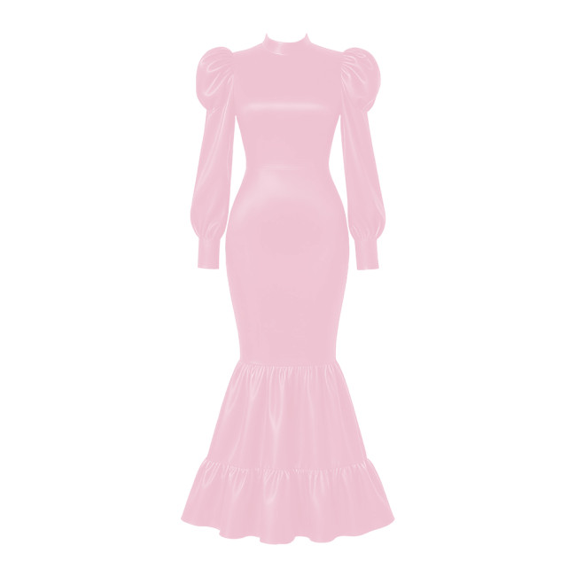 Elegant Satin Long Party Dresses Sissy Lockable Maxi Mermaid Dress Plus Size Long Sleeve Bodycon Evening Event Gowns for Women