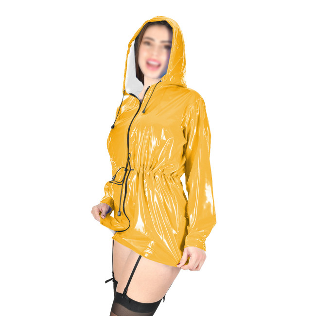 Wetlook Chic PVC Leather Hooded Coats Women Long Sleeve Waist Elastic Long Jackets Female Zipper Front Club Party Outwear Tops