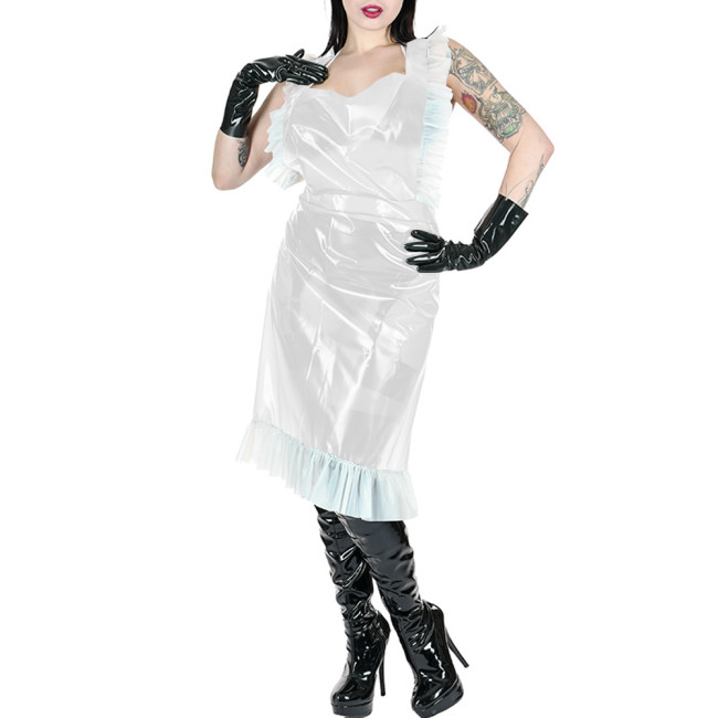Sexy Plastic Clear PVC Apron Erotic Backless Cross Ruffles French Maid Apron Exotic Retro Full Apron Cosplay Accessories