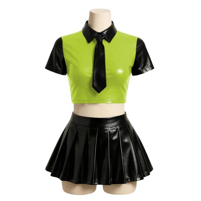 Halloween Party Japanese JK Uniform Sets Matte PU Leather Sexy School Uniform Short Sleeve Crop Top with High Waist Mini Skirts