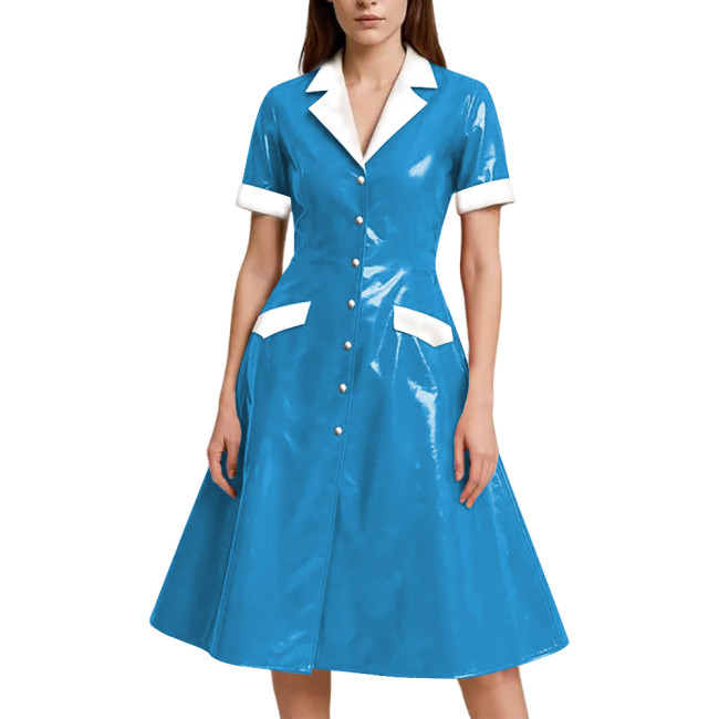 Shiny Vinyl PVC Leather A-line Long Dress for Womens Rave Party Maid Nurse Cosplay Outfit Elegant Lady Button-up Dress Plus Size
