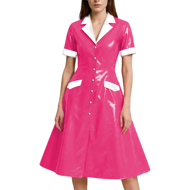 Shiny Vinyl PVC Leather A-line Long Dress for Womens Rave Party Maid Nurse Cosplay Outfit Elegant Lady Button-up Dress Plus Size