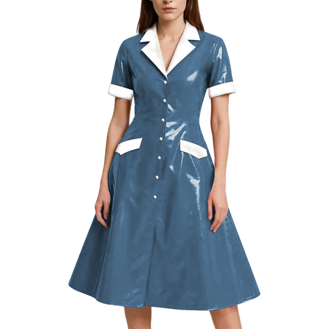Shiny Vinyl PVC Leather A-line Long Dress for Womens Rave Party Maid Nurse Cosplay Outfit Elegant Lady Button-up Dress Plus Size