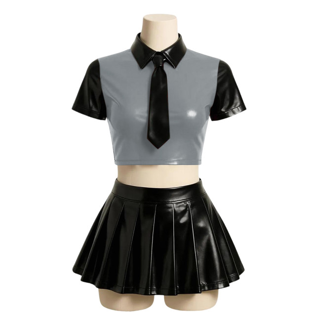 Halloween Party Japanese JK Uniform Sets Matte PU Leather Sexy School Uniform Short Sleeve Crop Top with High Waist Mini Skirts