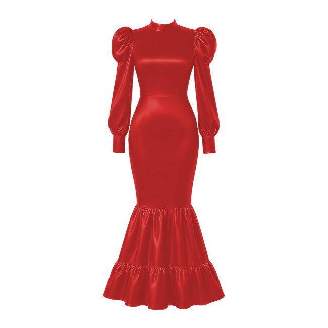 Elegant Satin Long Party Dresses Sissy Lockable Maxi Mermaid Dress Plus Size Long Sleeve Bodycon Evening Event Gowns for Women