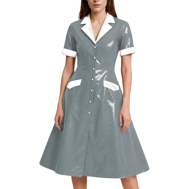 Shiny Vinyl PVC Leather A-line Long Dress for Womens Rave Party Maid Nurse Cosplay Outfit Elegant Lady Button-up Dress Plus Size