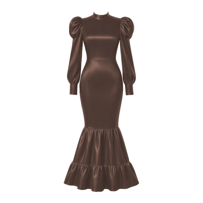 Elegant Satin Long Party Dresses Sissy Lockable Maxi Mermaid Dress Plus Size Long Sleeve Bodycon Evening Event Gowns for Women