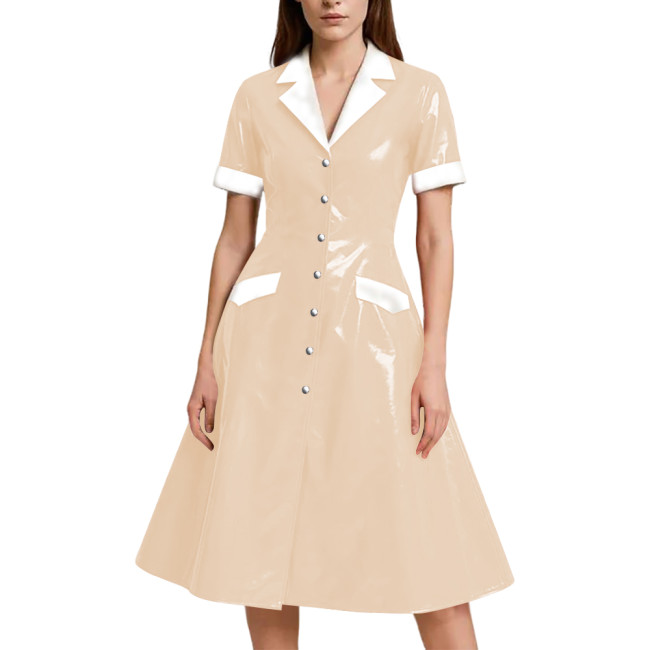 Shiny Vinyl PVC Leather A-line Long Dress for Womens Rave Party Maid Nurse Cosplay Outfit Elegant Lady Button-up Dress Plus Size