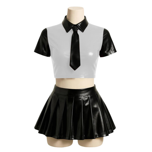 Halloween Party Japanese JK Uniform Sets Matte PU Leather Sexy School Uniform Short Sleeve Crop Top with High Waist Mini Skirts