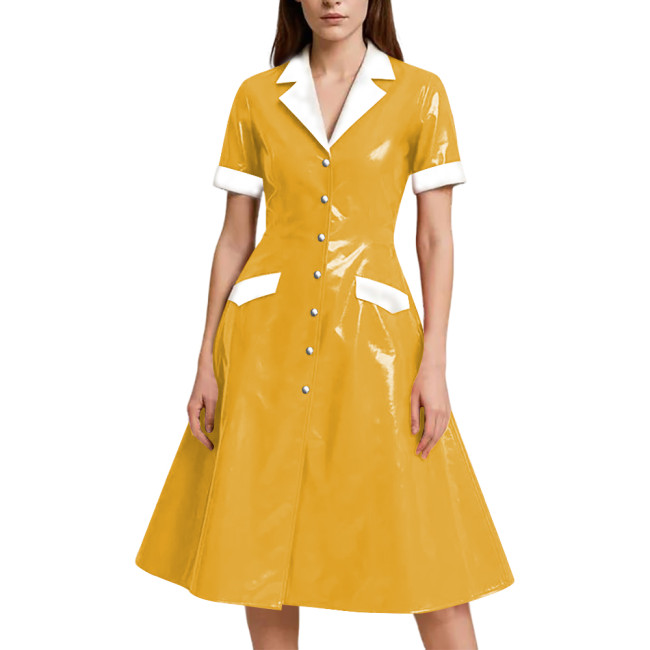 Shiny Vinyl PVC Leather A-line Long Dress for Womens Rave Party Maid Nurse Cosplay Outfit Elegant Lady Button-up Dress Plus Size