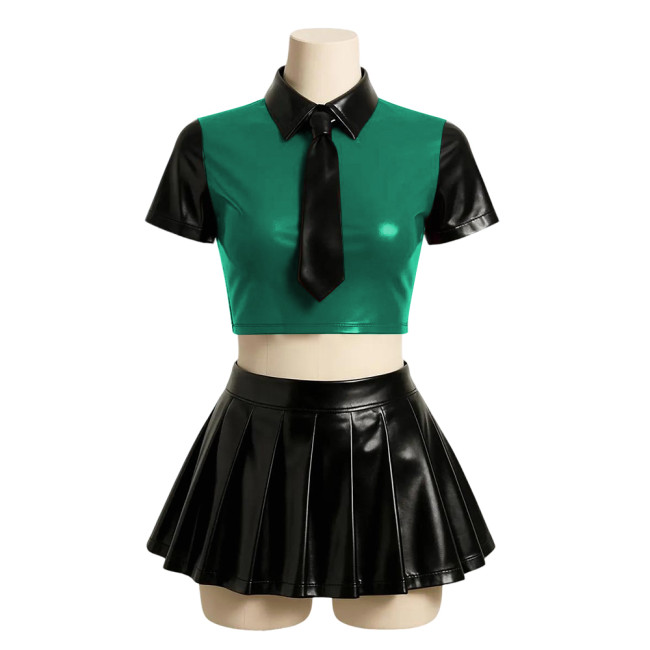 Halloween Party Japanese JK Uniform Sets Matte PU Leather Sexy School Uniform Short Sleeve Crop Top with High Waist Mini Skirts