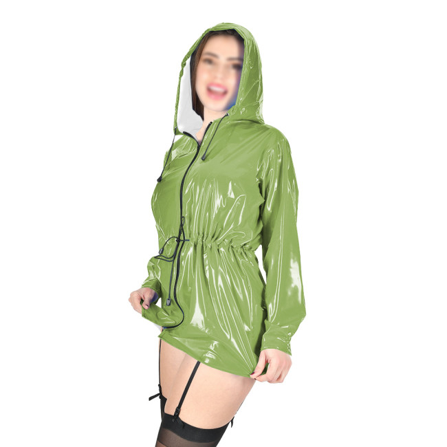 Wetlook Chic PVC Leather Hooded Coats Women Long Sleeve Waist Elastic Long Jackets Female Zipper Front Club Party Outwear Tops