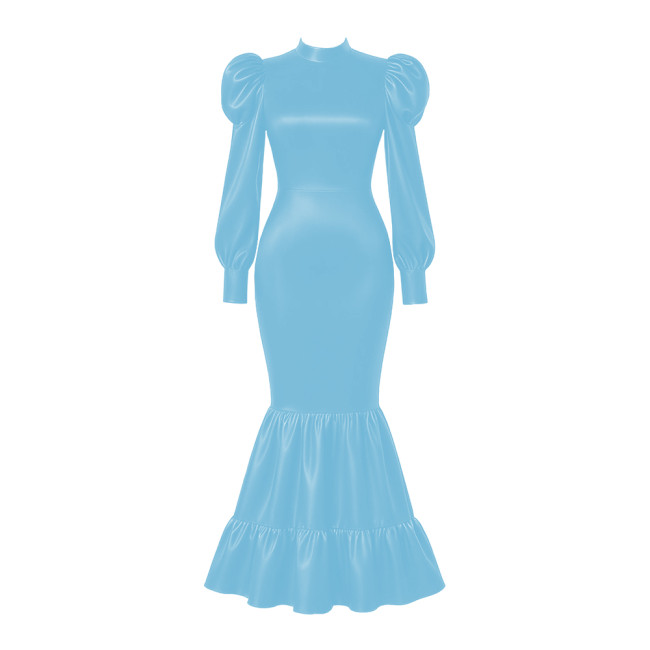 Elegant Satin Long Party Dresses Sissy Lockable Maxi Mermaid Dress Plus Size Long Sleeve Bodycon Evening Event Gowns for Women