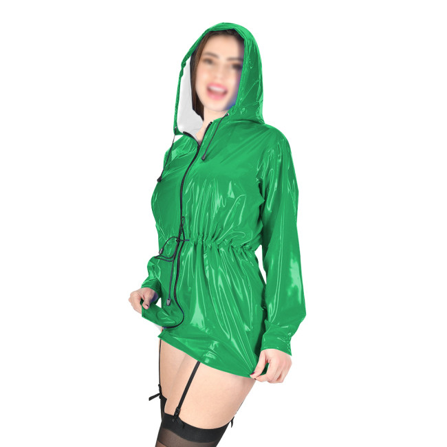 Wetlook Chic PVC Leather Hooded Coats Women Long Sleeve Waist Elastic Long Jackets Female Zipper Front Club Party Outwear Tops