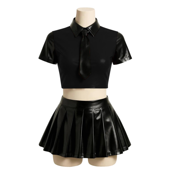 Halloween Party Japanese JK Uniform Sets Matte PU Leather Sexy School Uniform Short Sleeve Crop Top with High Waist Mini Skirts