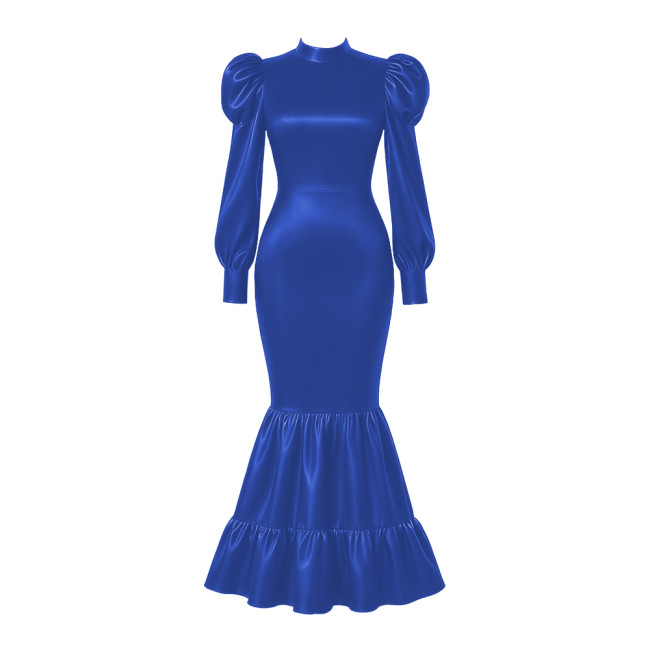 Elegant Satin Long Party Dresses Sissy Lockable Maxi Mermaid Dress Plus Size Long Sleeve Bodycon Evening Event Gowns for Women