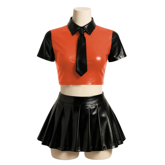 Halloween Party Japanese JK Uniform Sets Matte PU Leather Sexy School Uniform Short Sleeve Crop Top with High Waist Mini Skirts