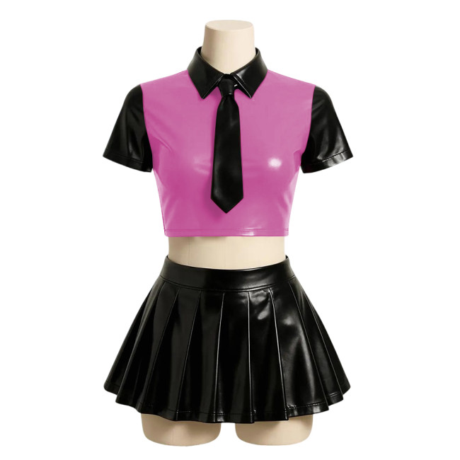 Halloween Party Japanese JK Uniform Sets Matte PU Leather Sexy School Uniform Short Sleeve Crop Top with High Waist Mini Skirts