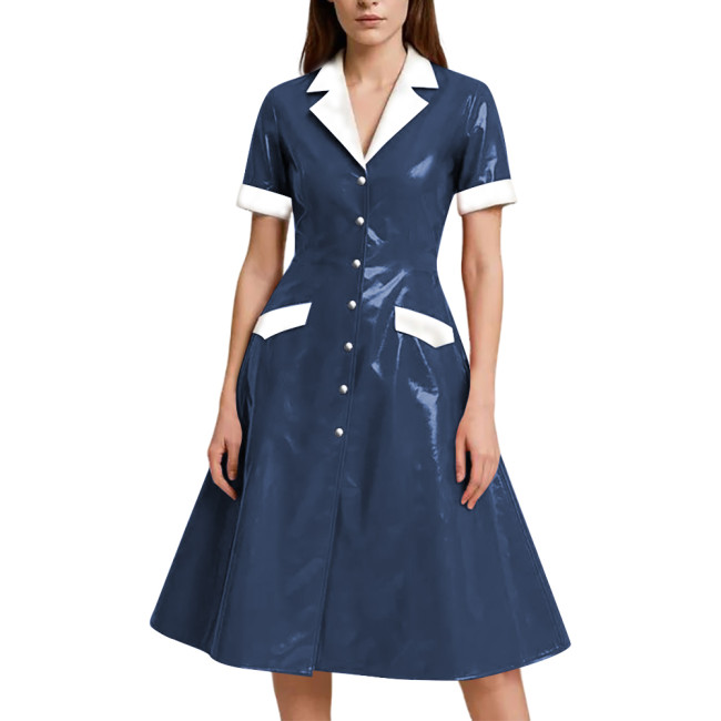 Shiny Vinyl PVC Leather A-line Long Dress for Womens Rave Party Maid Nurse Cosplay Outfit Elegant Lady Button-up Dress Plus Size
